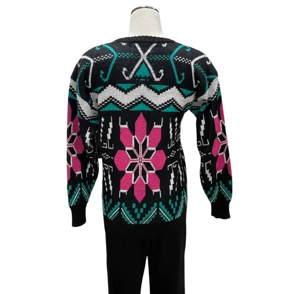 Etirel Vintage Ski Sweater Womens S Black Pink Green Snowflake Retro 80s Wool - Picture 7 of 7